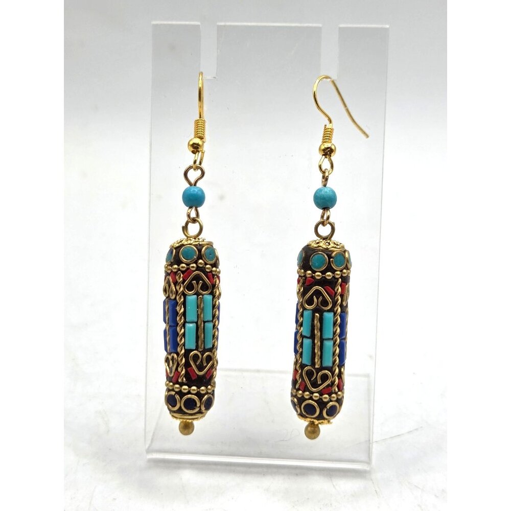 Boho Dangle Earrings With Faux Turquoise & Red Inlays Brass Accents
